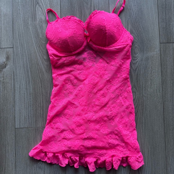 Victoria's Secret Other - Victoria’s Secret Pink Lace Babydoll Chemise 34D Hot Pink Floral Lingerie